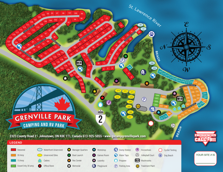 Park Map Grenville Park Site Map 200 Camp Sites   WEB New 2021 Grenville Park Map Front 768x594 